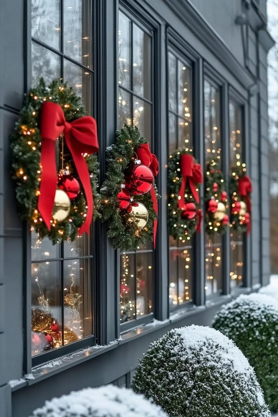 Window wreaths with red bows and ornaments