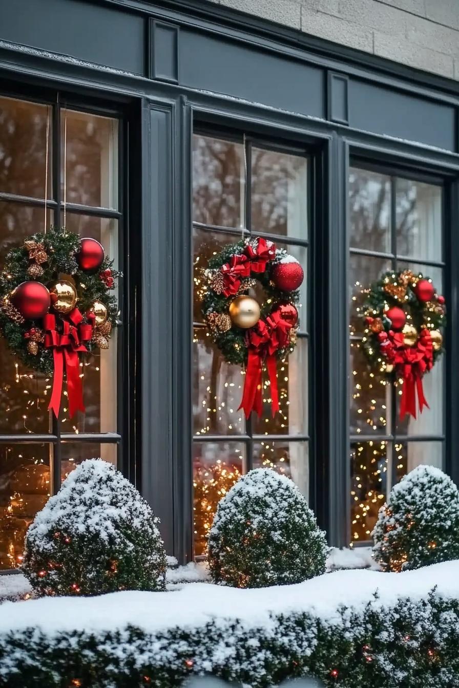 Christmas wreaths with red bows and baubles hang on decorated windows