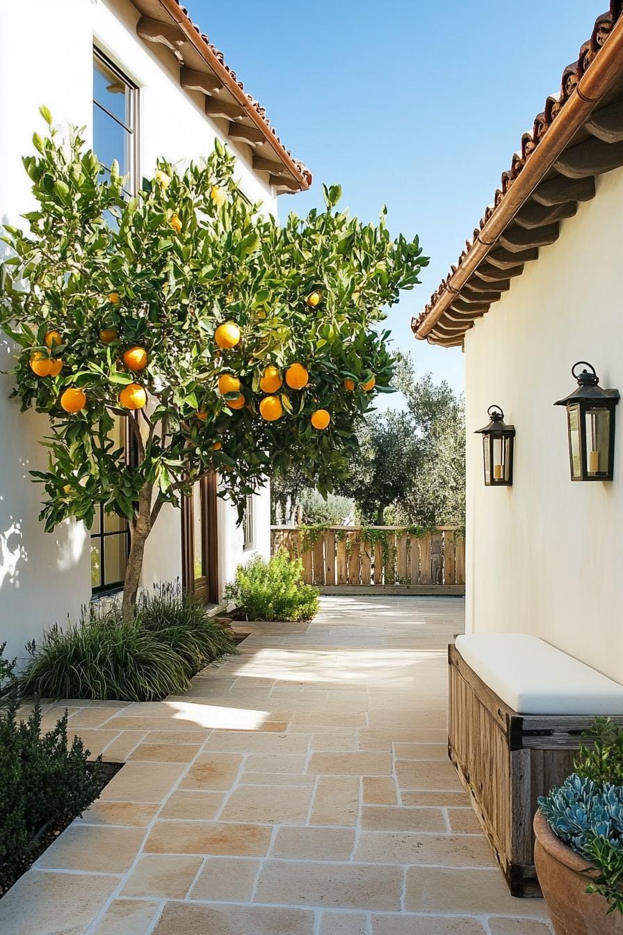 A lush courtyard with an orange tree and rustic seating