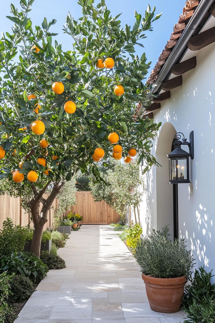 Pathway lined with an orange tree and lush plants