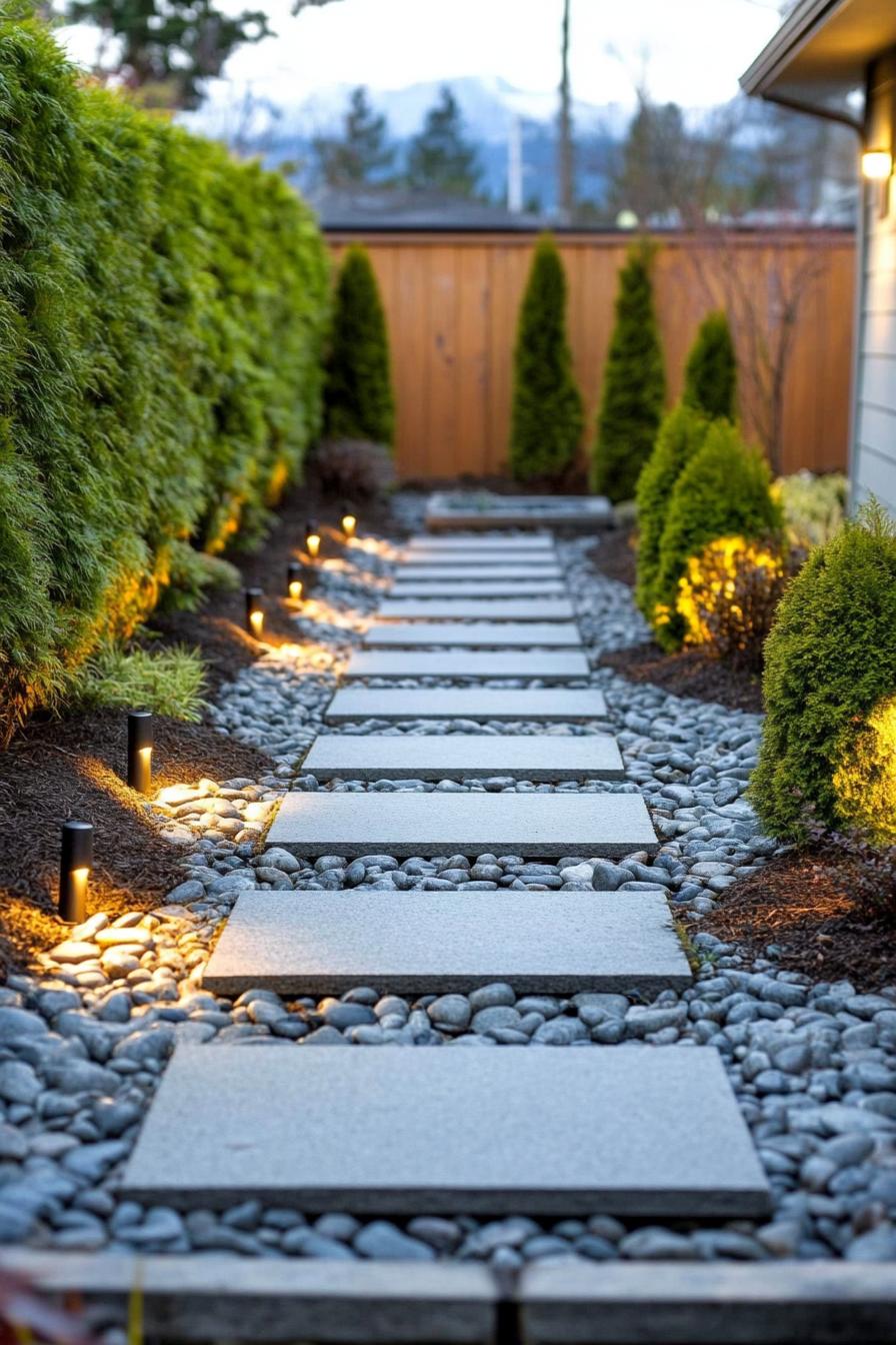 Elegant stone path with pebble accents and landscape lighting