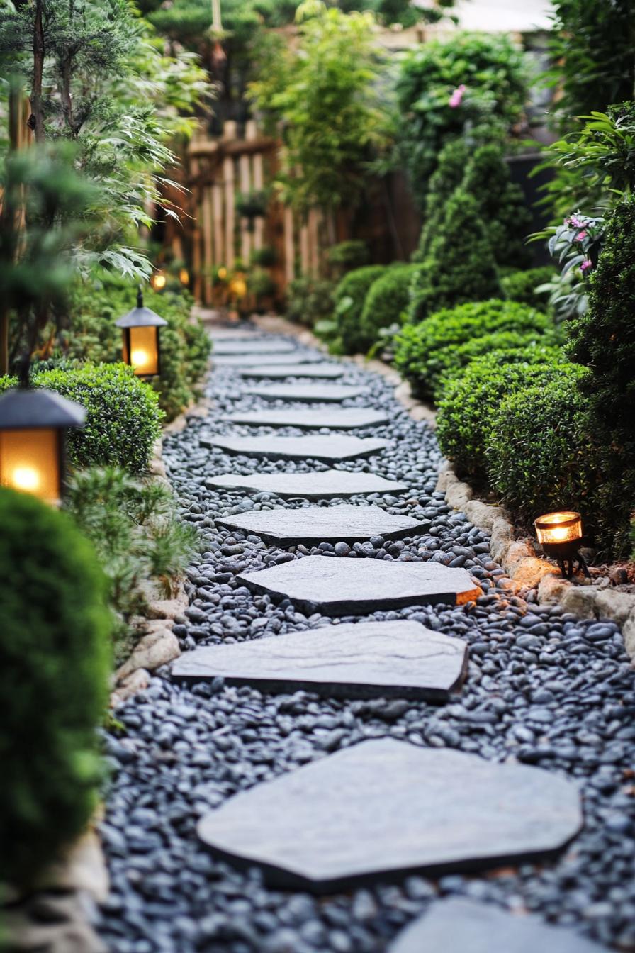 Stone steps adorned with pebbles, flanked by lush greenery