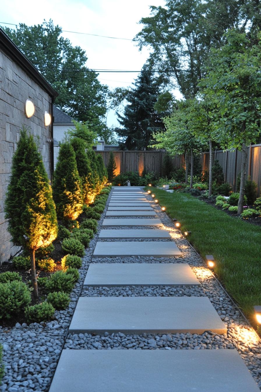 Well-lit stone path surrounded by greenery