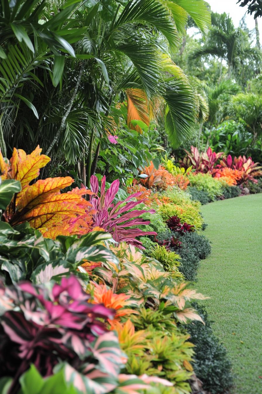 Vibrant tropical plants beside a lush green lawn