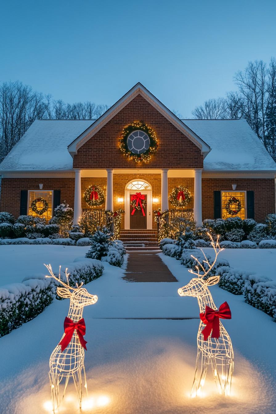 wo story home with a brick facade features an arched window centered above the front porch surrounded by festive wreaths with red bows. The gabled 1