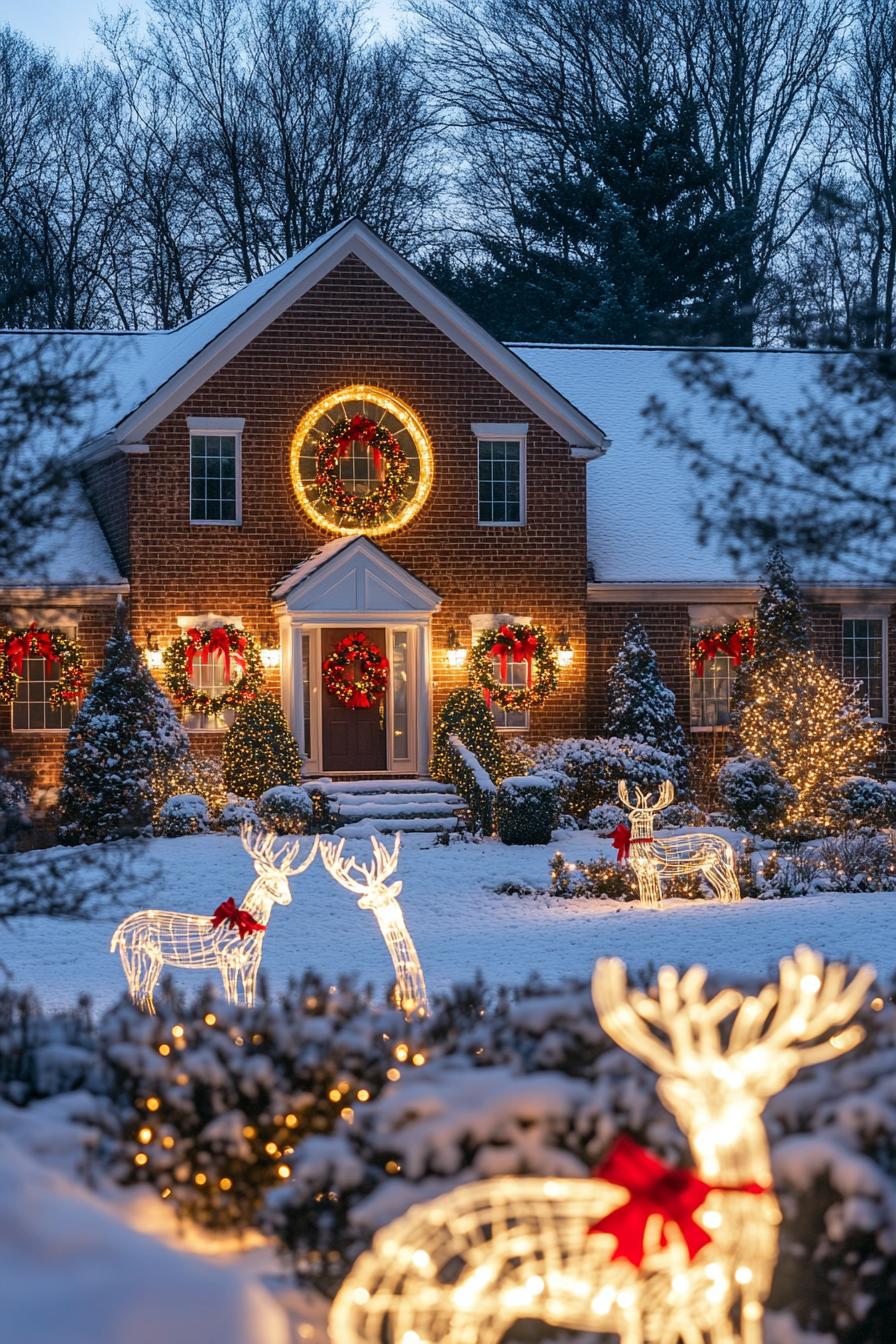 Festive house with glowing reindeer and wreaths