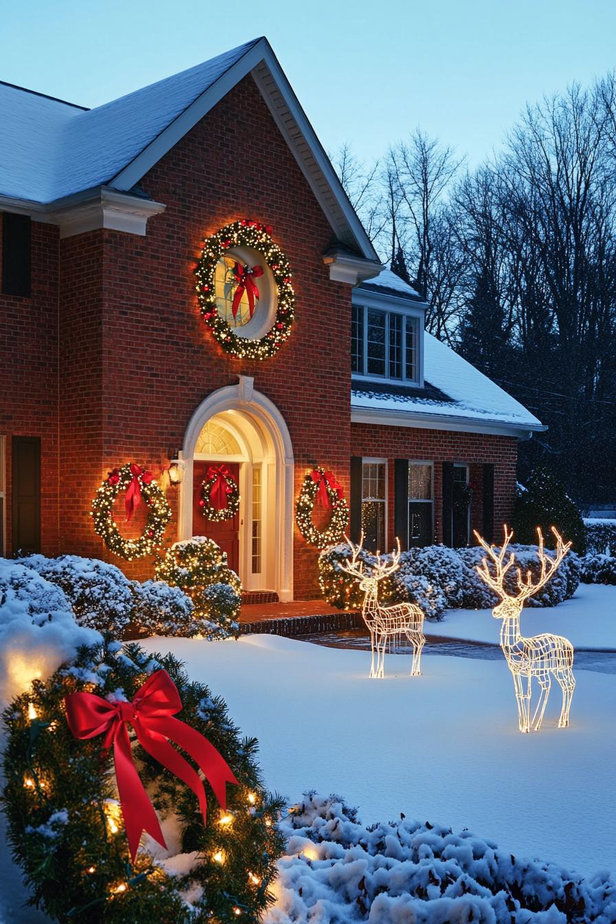 Elegant house adorned with Christmas lights and reindeer