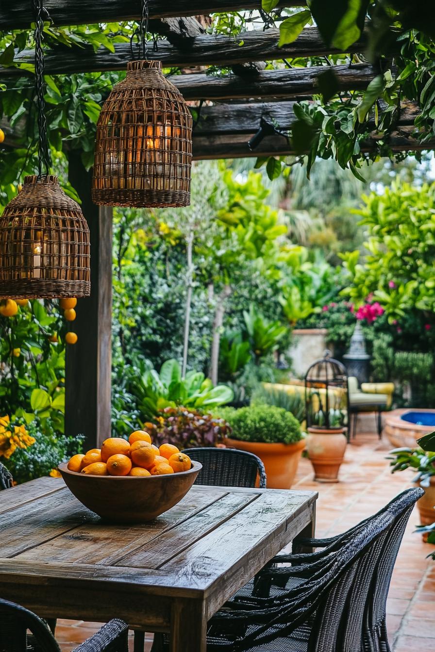 A wooden table with a bowl of oranges under leafy pergola