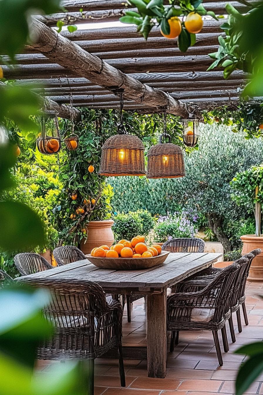 Outdoor wooden dining table under rustic pergola with oranges