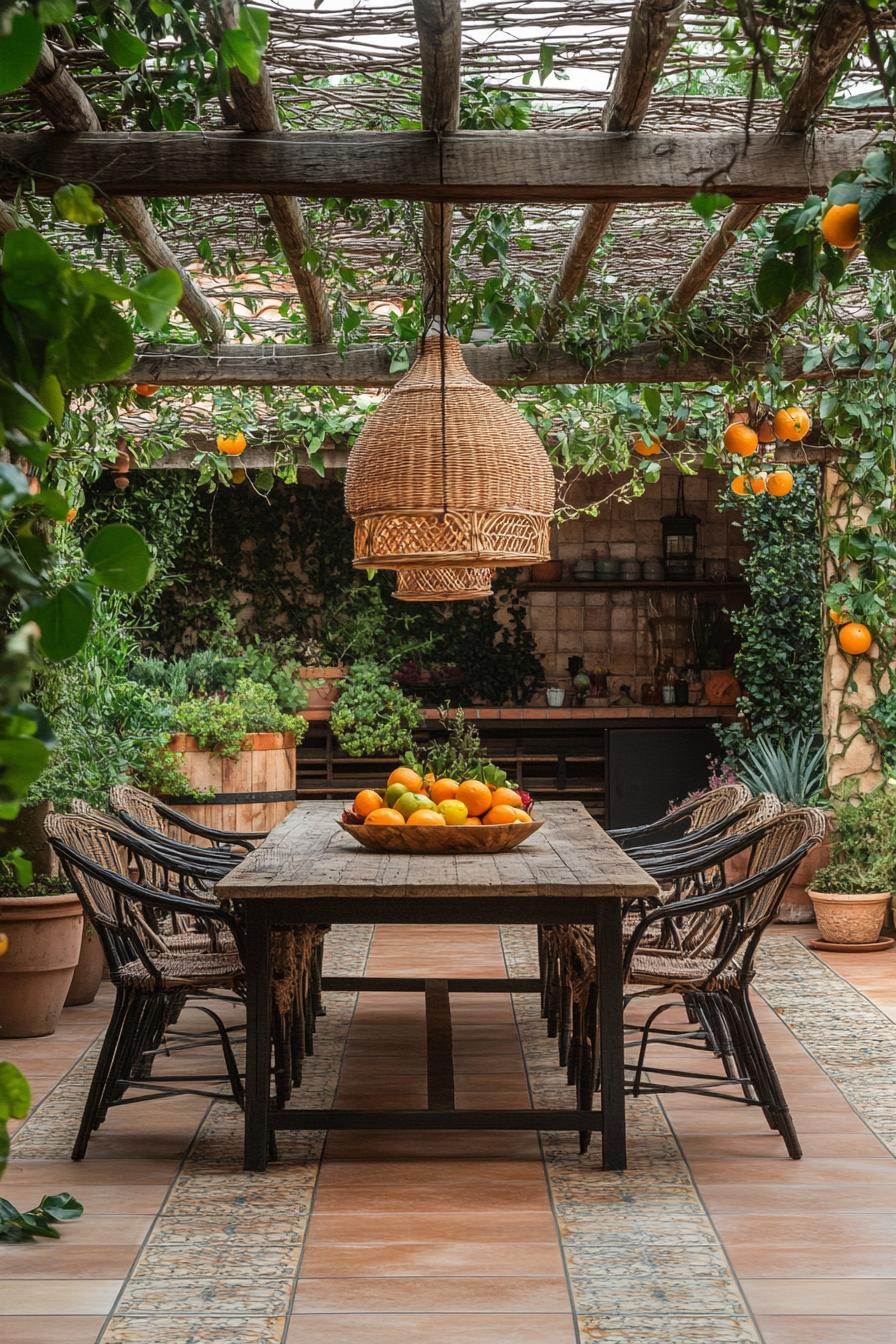 Rustic patio with oranges and wooden furniture