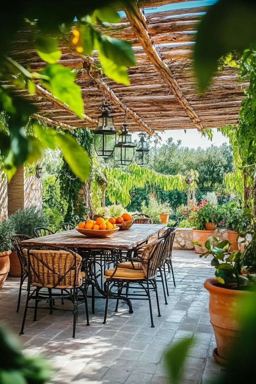 Lush patio dining area with oranges on the table