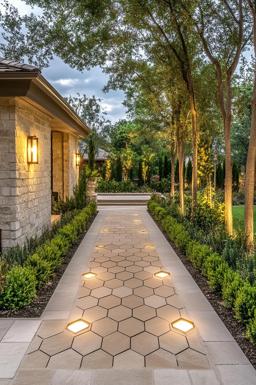 Walkway with hexagonal tiles and warm lighting