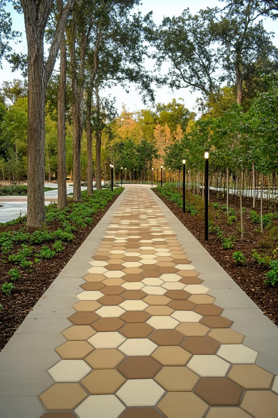 A walkway with hexagonal tiles amidst a tree-lined path