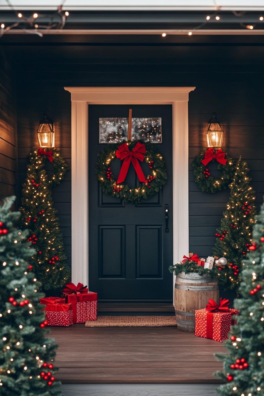 Festive door with wreaths and lights