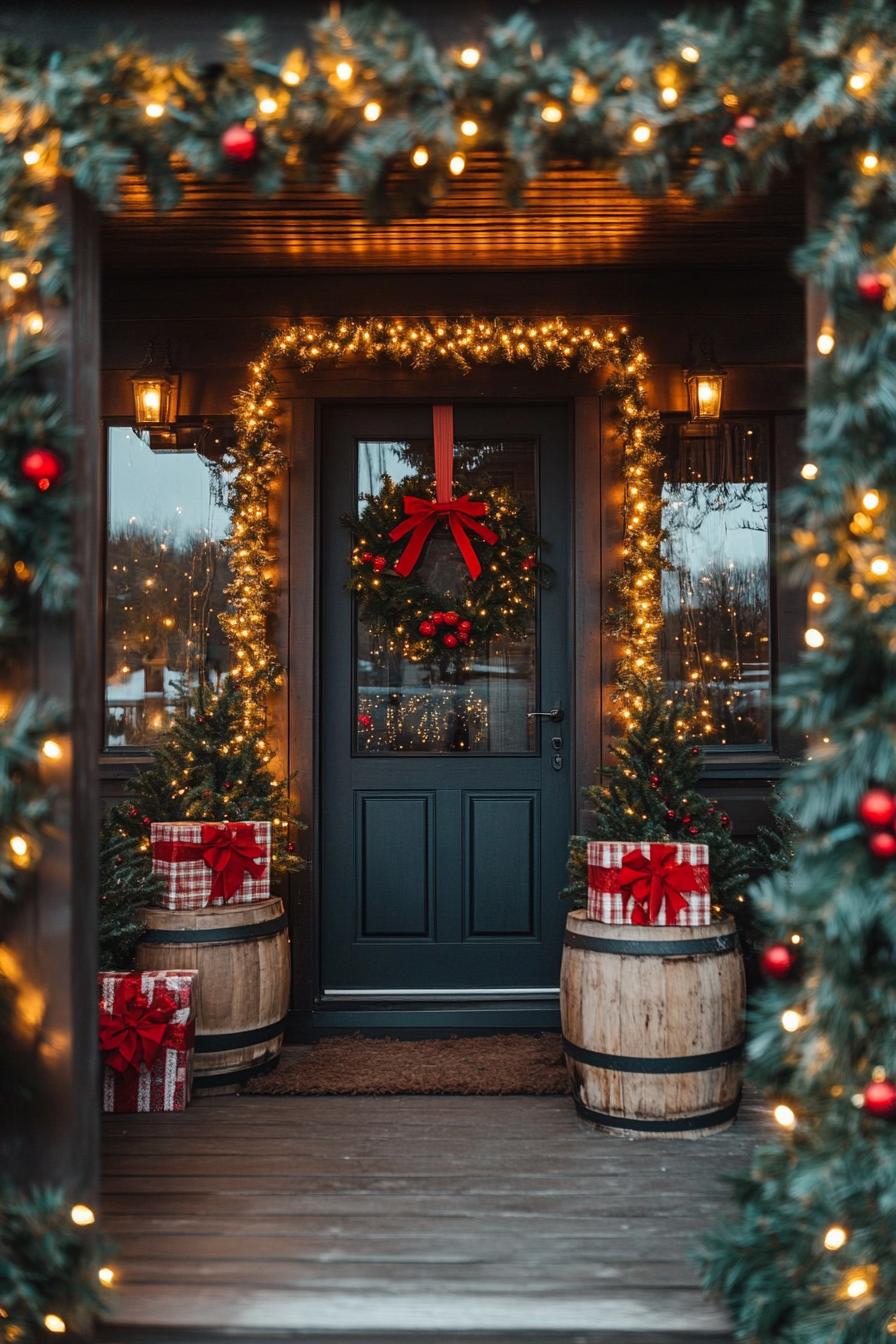 Festive Christmas wreath and glowing lights adorn a cozy porch