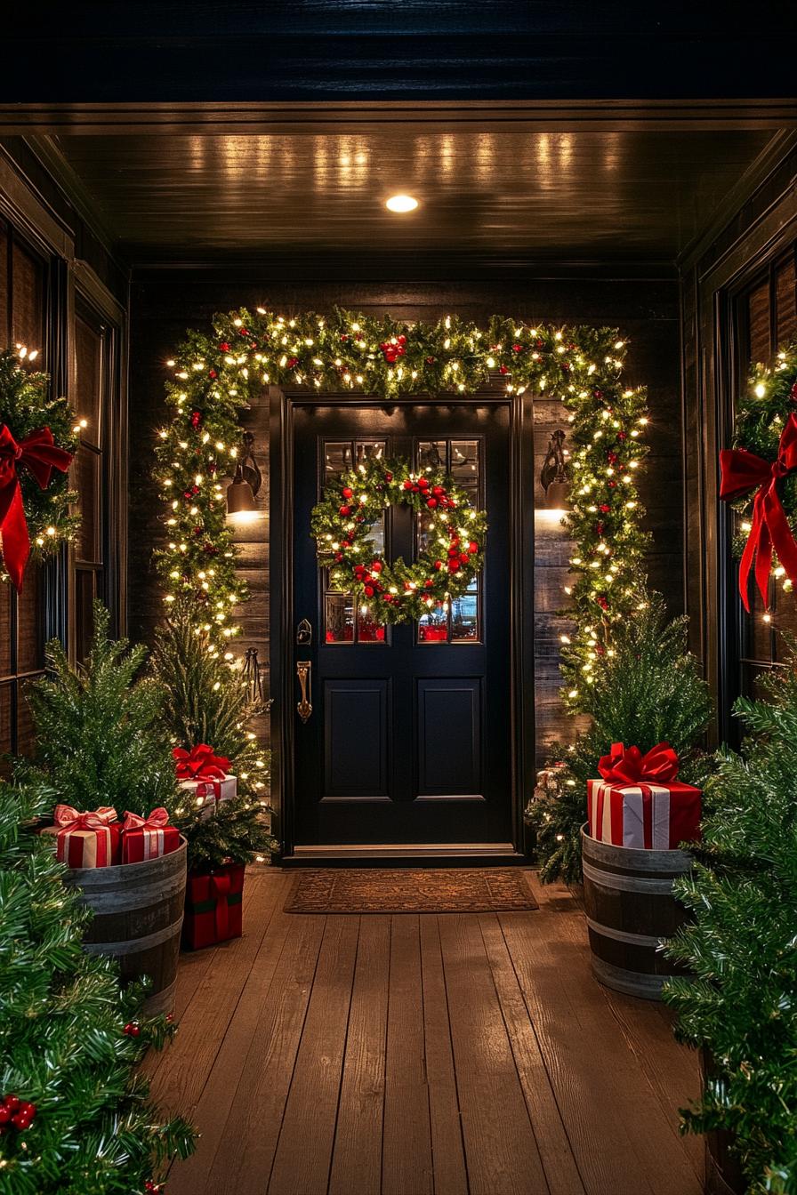 Brightly lit wreaths and garlands adorn a dark front door