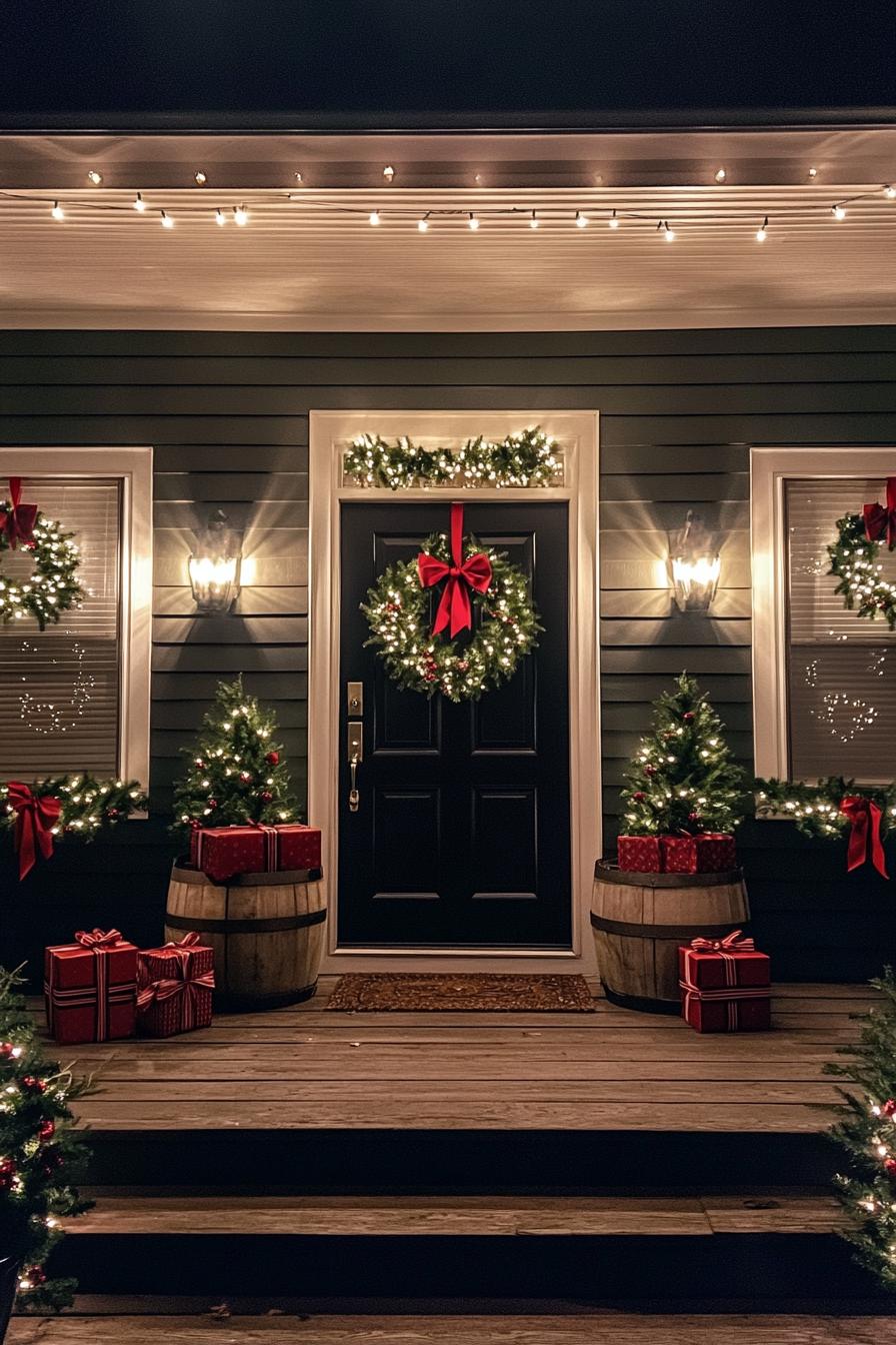 Festive porch with wreaths, fairy lights, and wrapped gifts