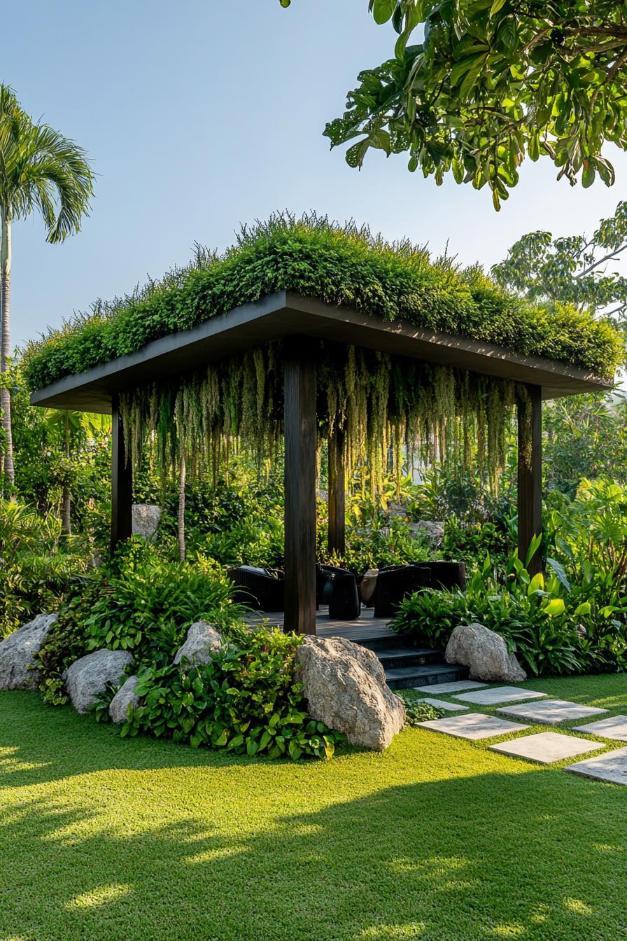 Chic gazebo with lush greenery overhead and cascading plants