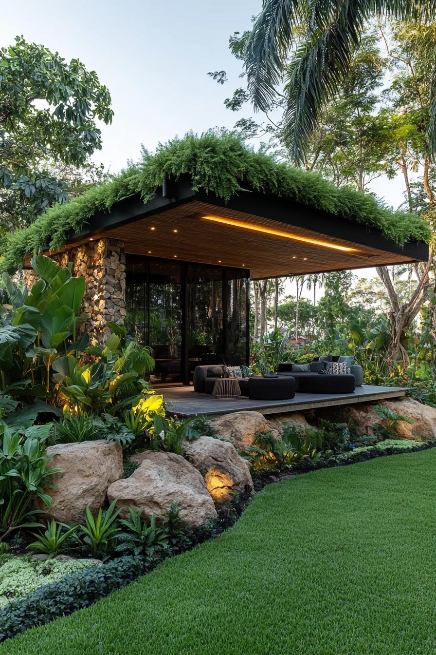 Modern patio surrounded by lush tropical plants and rocks