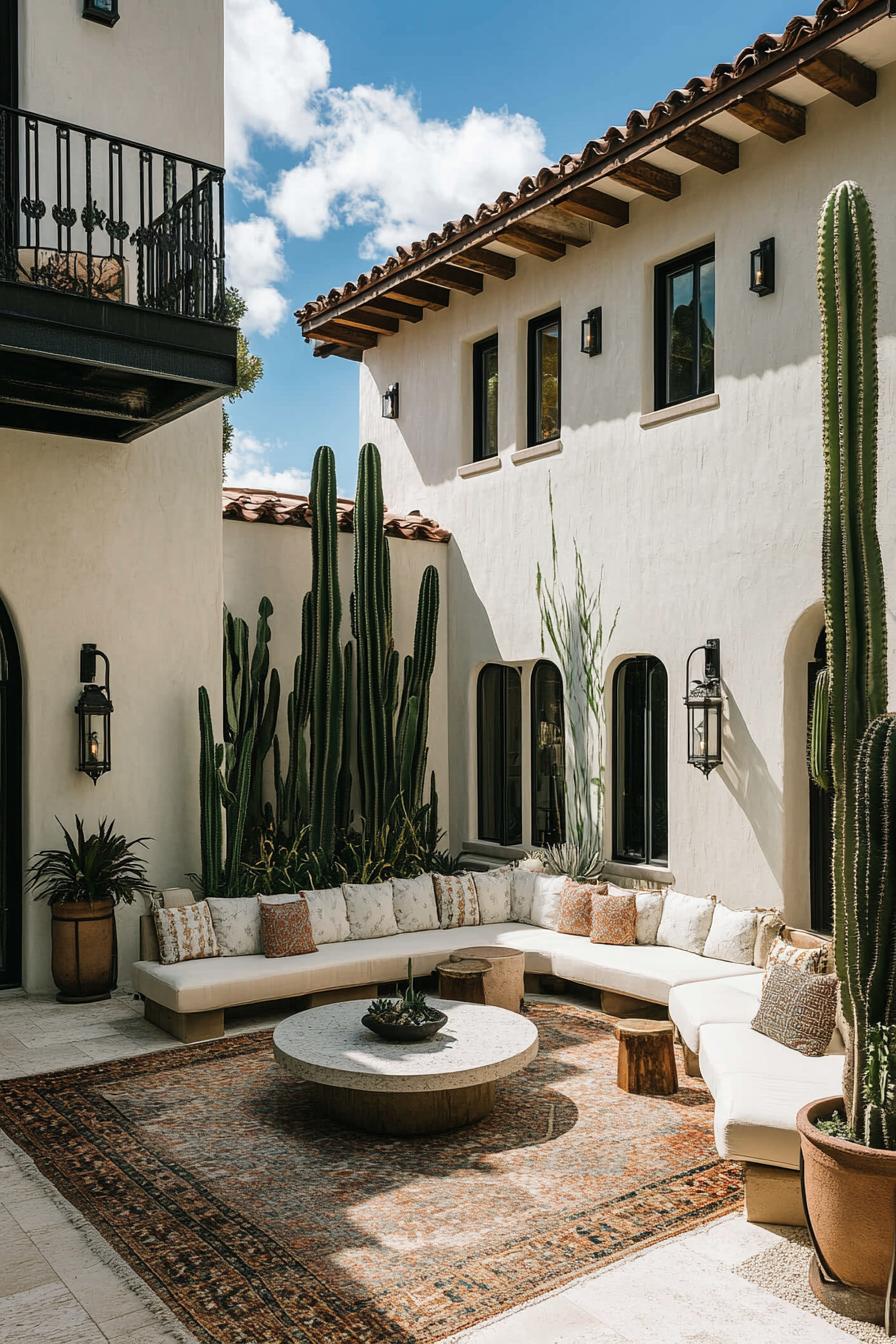 Elegant outdoor seating area with tall cacti and cozy cushions