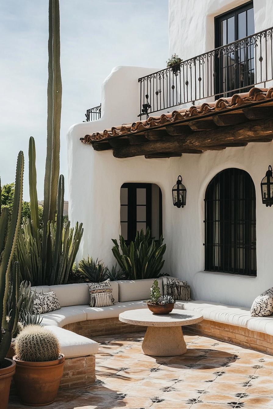 Cozy stucco patio with cacti and seating