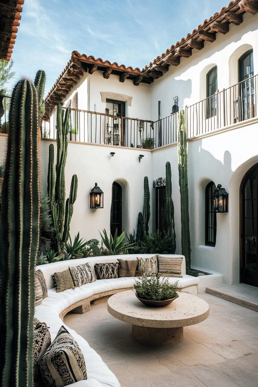 Courtyard with cacti, a circular bench, and a stone table