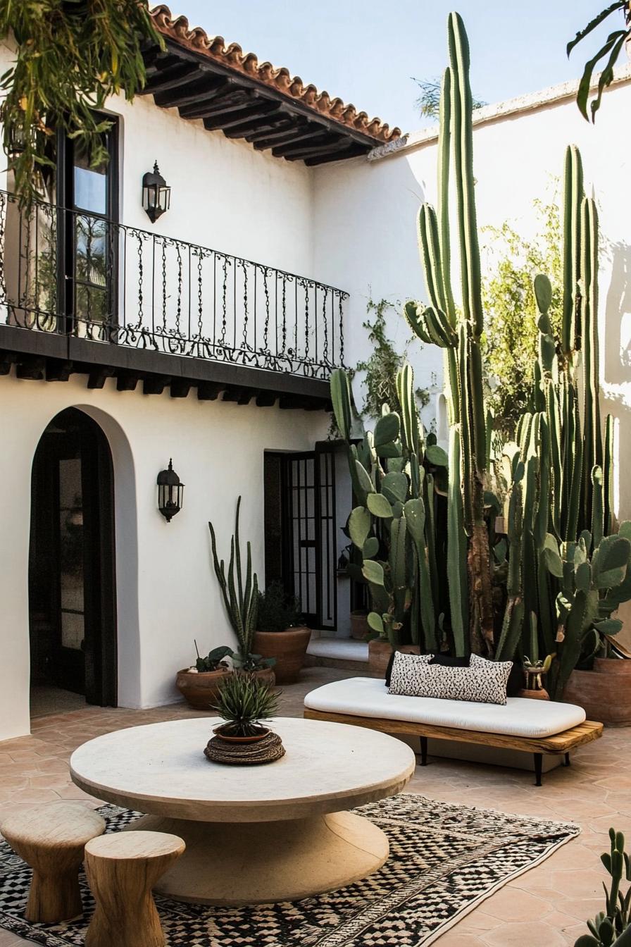 Sunny courtyard with a round table, two stools, and tall cacti