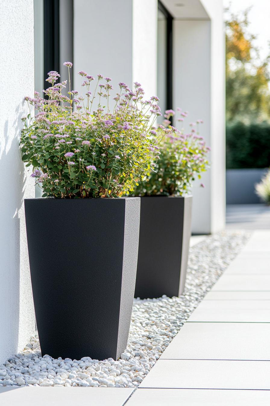 Modern planters with flowering shrubs on pebble-lined path