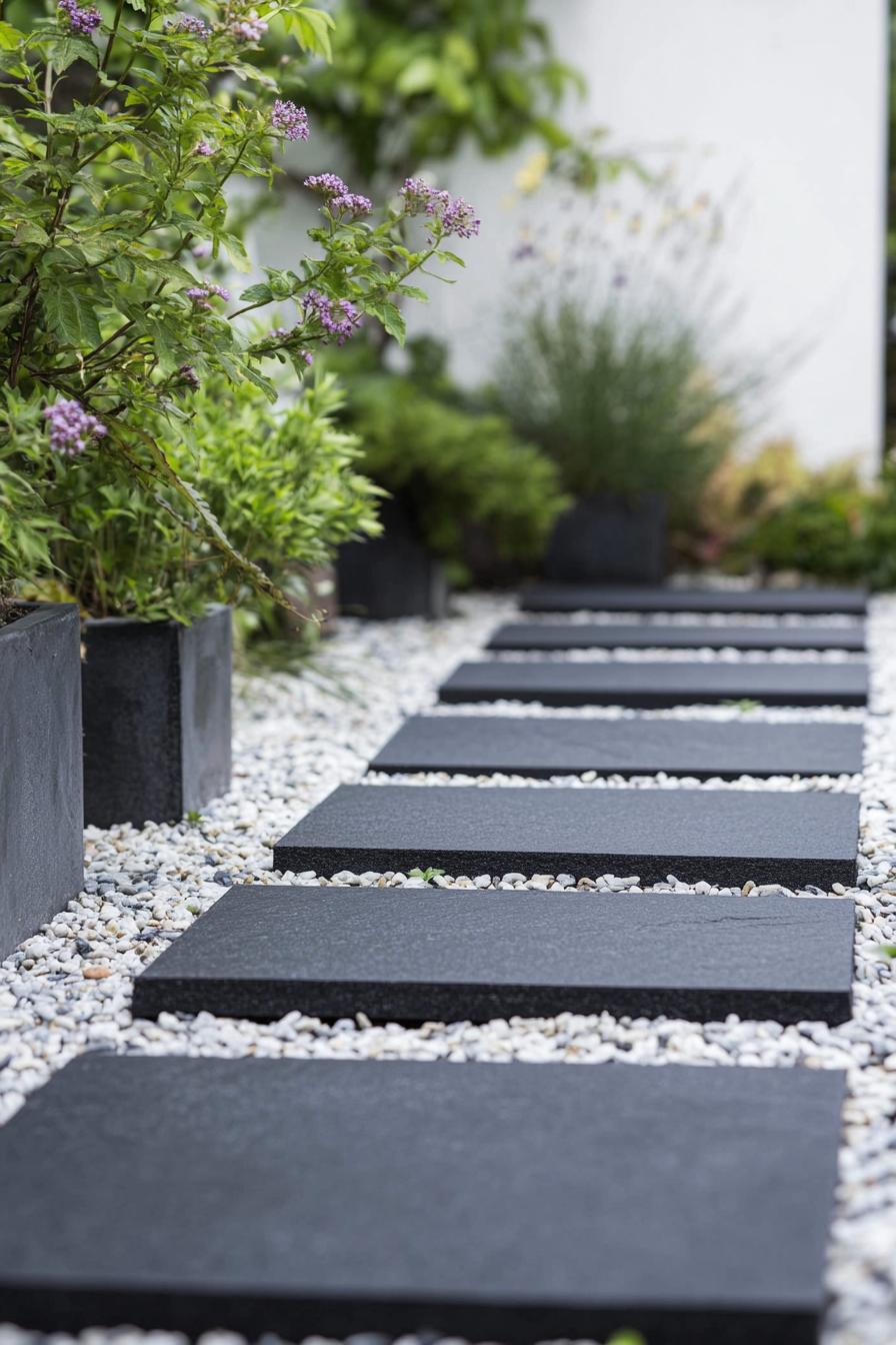 Black stepping stones on white pebbles with lush greenery