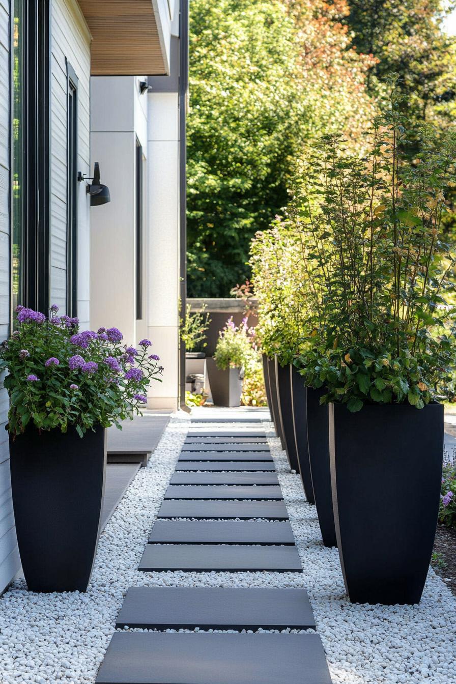 Modern walkway with rectangular stepping stones bordered by tall potted plants