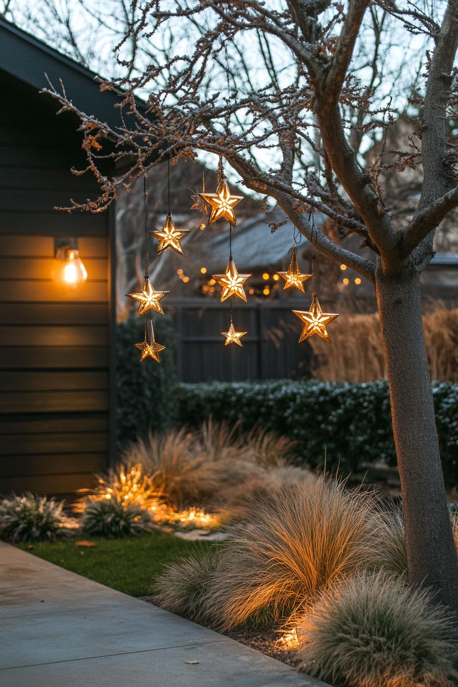 Glowing star lights hang from a leafless tree