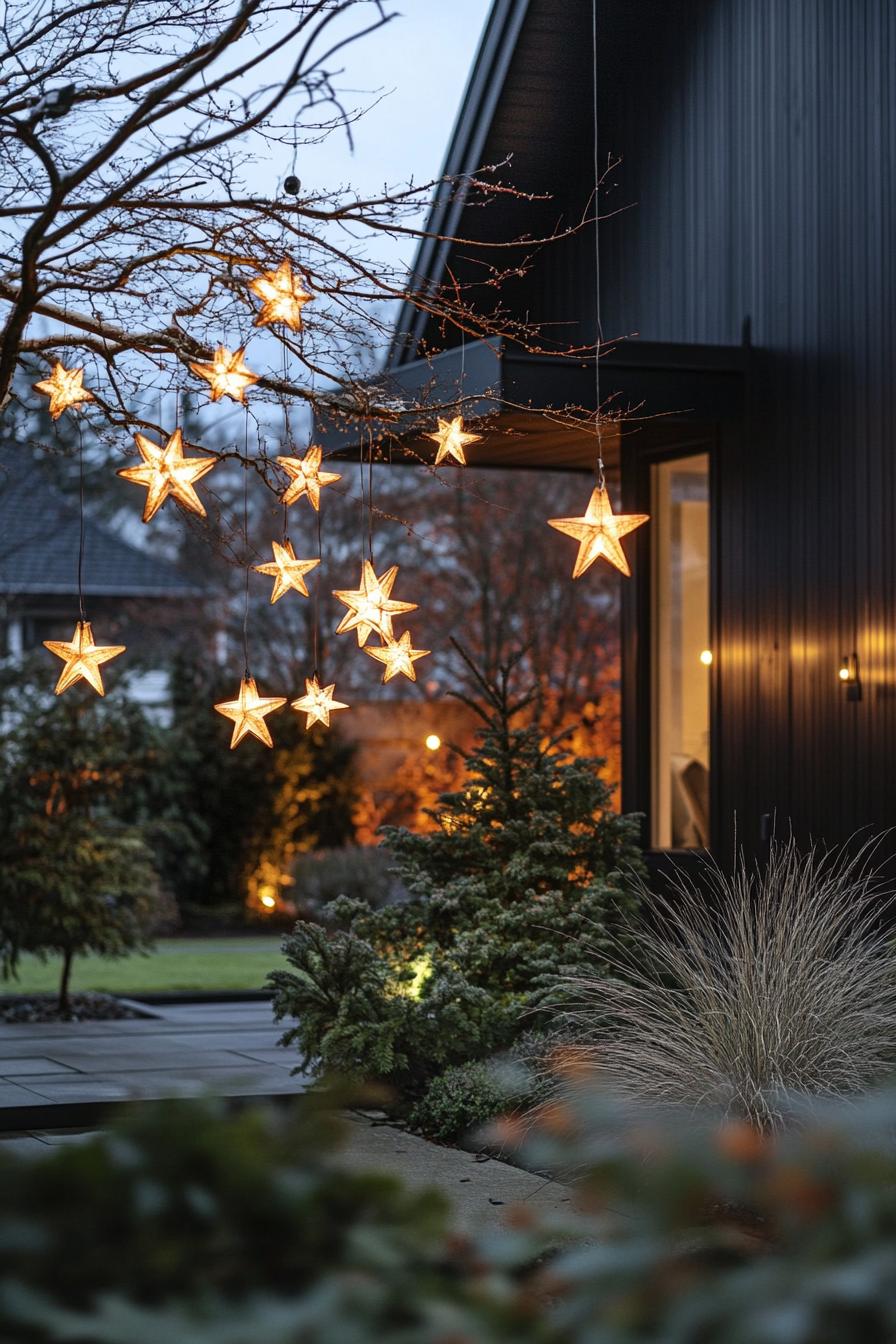 Star-shaped lights hanging from tree branches in a festive outdoor setting