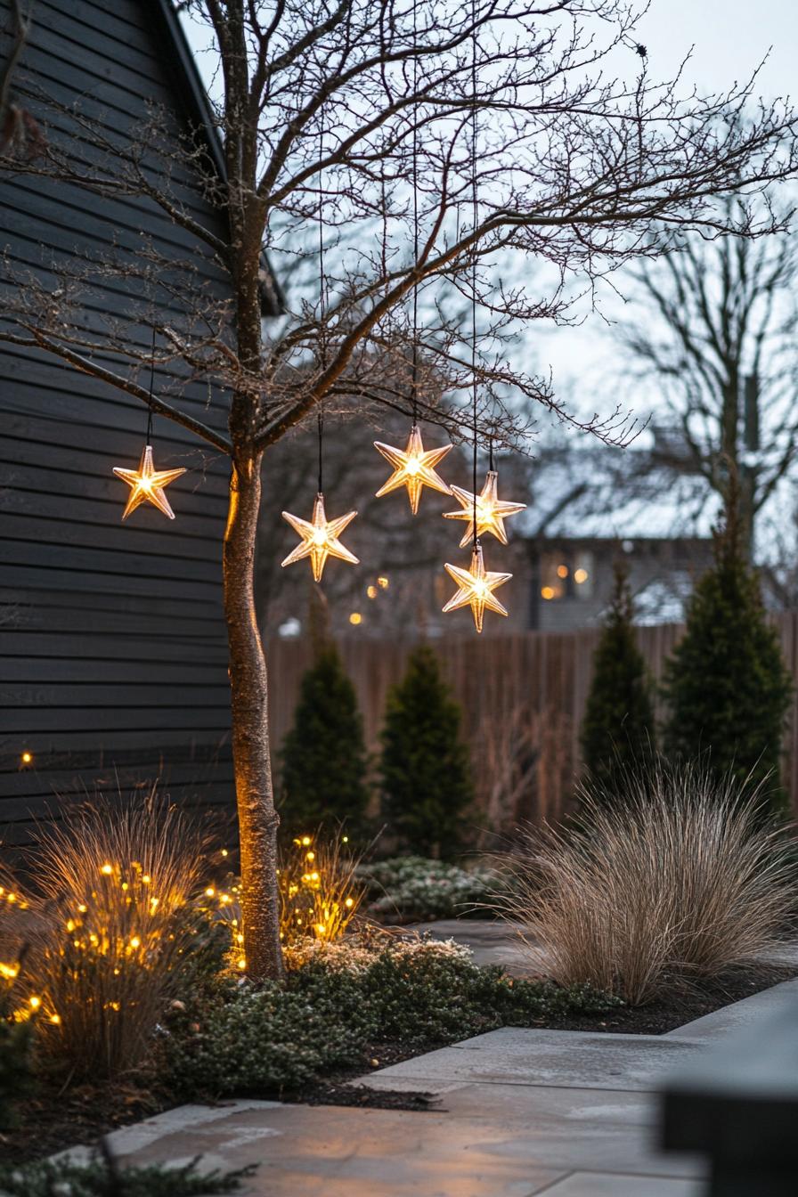 Twinkling stars hang from tree branches