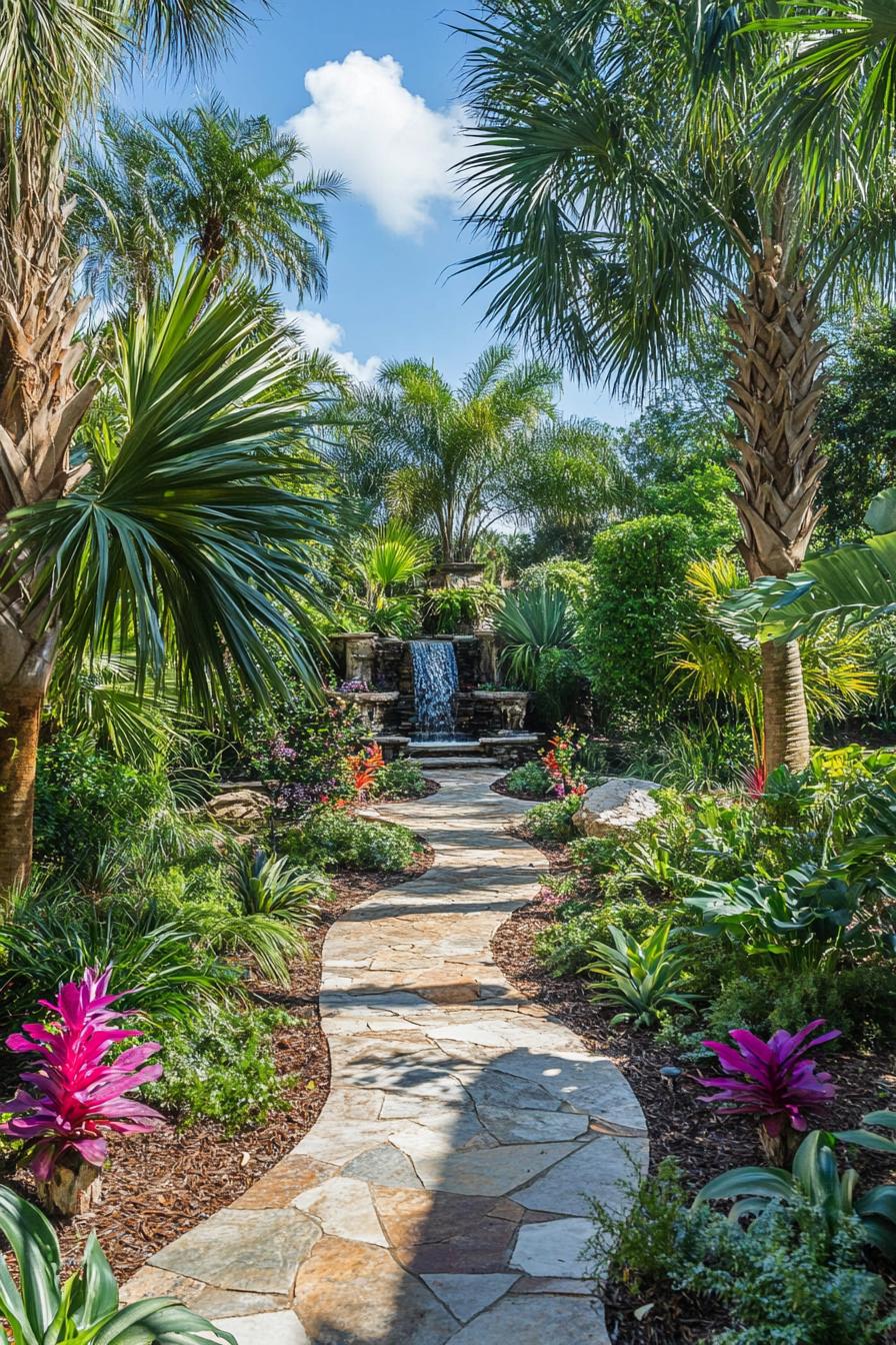 Tropical garden with a winding stone path leading to a small waterfall