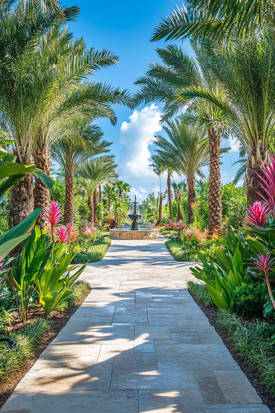 Tropical garden path with tall palm trees and a central fountain