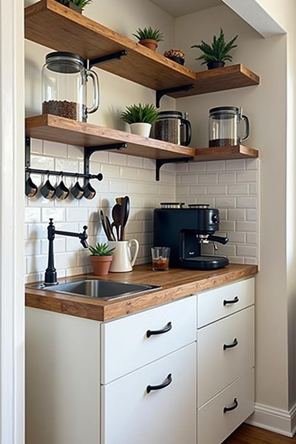 Compact coffee setup with wooden shelves and sleek appliances