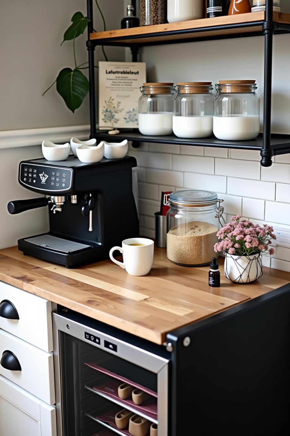 Sleek espresso machine on a stylish counter with jars and decor