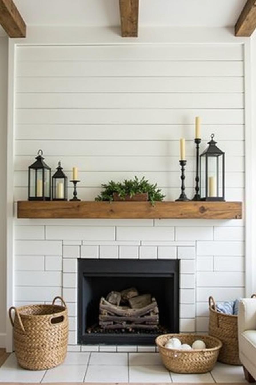 Rustic fireplace with wood and lantern decor