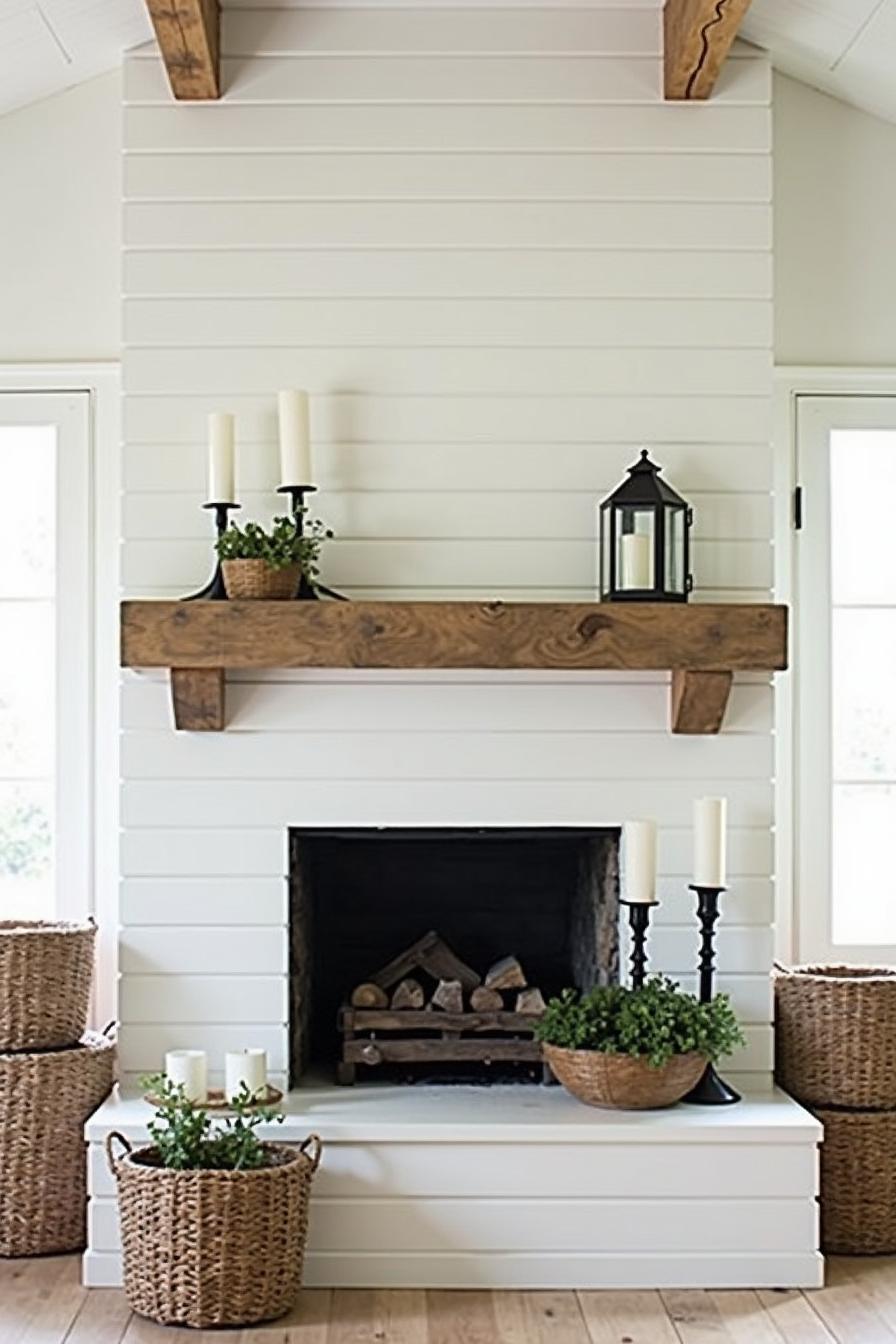 Farmhouse fireplace with wood mantel and candlesticks