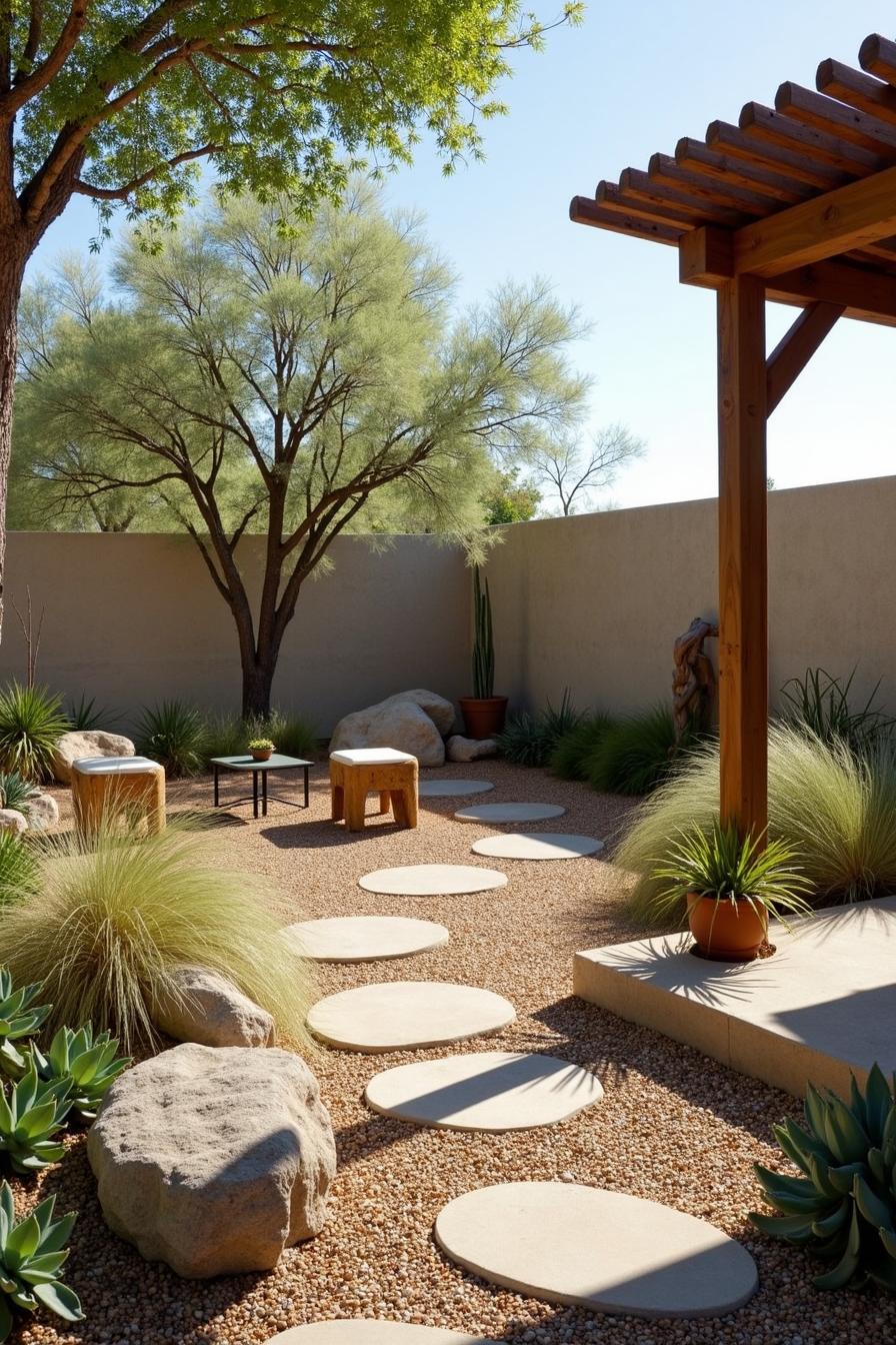 Outdoor garden with stone path, trees, and succulents