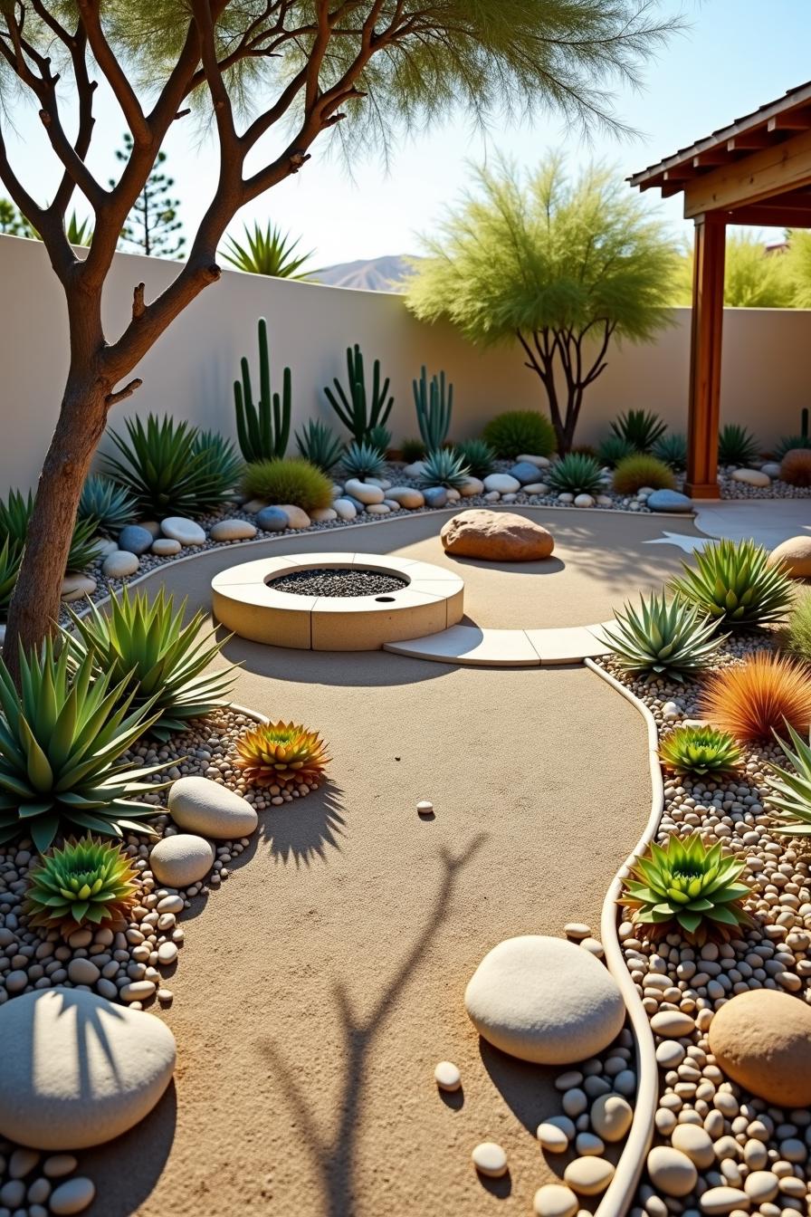 Minimalist desert garden with succulents and pebbles