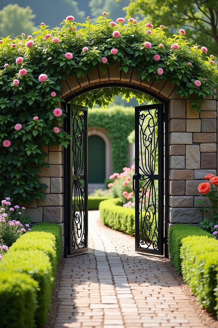 Elegant wrought iron gate under a flower-laden stone arch