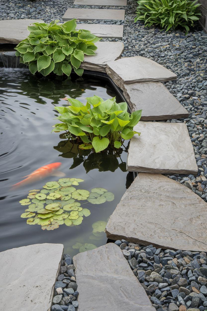 Koi swimming in a pond bordered by stones and lush plants