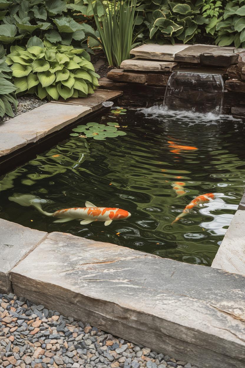 Koi fish swimming in a stone-lined pond with lush greenery