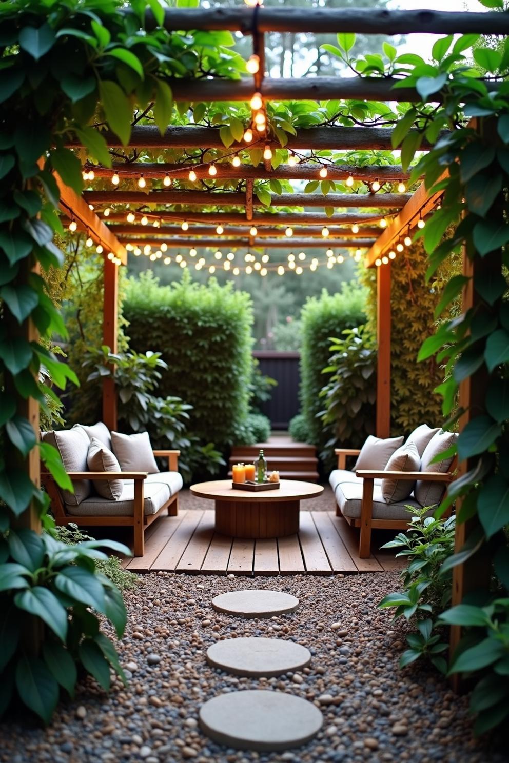 Backyard lounge area with string lights and greenery