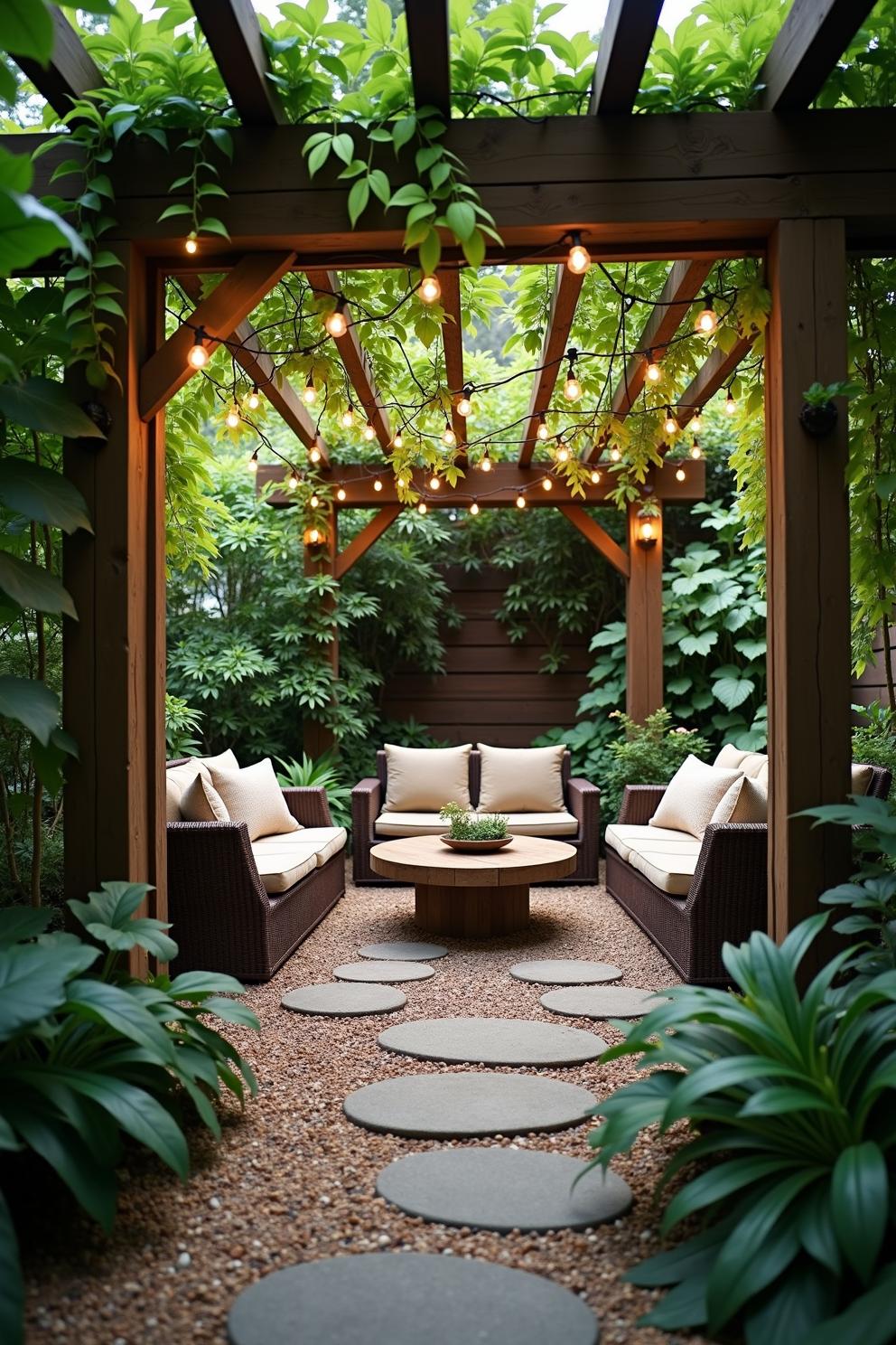 Charming patio with string lights and comfy seating