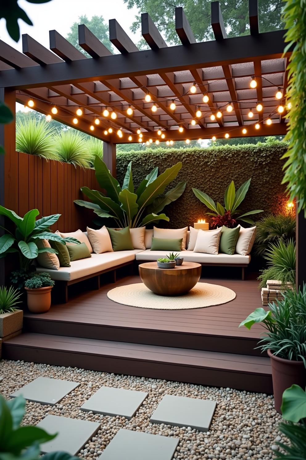 Cozy outdoor seating area with plants and lights