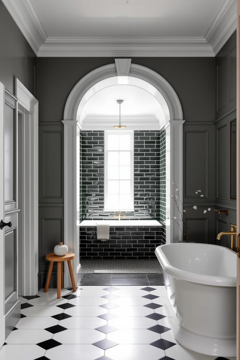 Luxury bathroom with green tiles and a freestanding tub