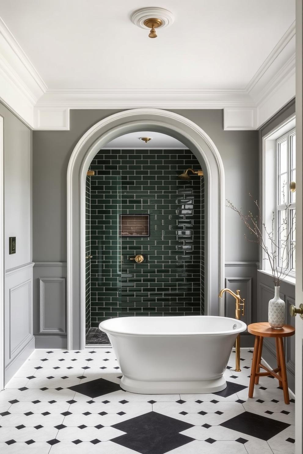 Luxurious bathroom with freestanding tub and emerald tile shower