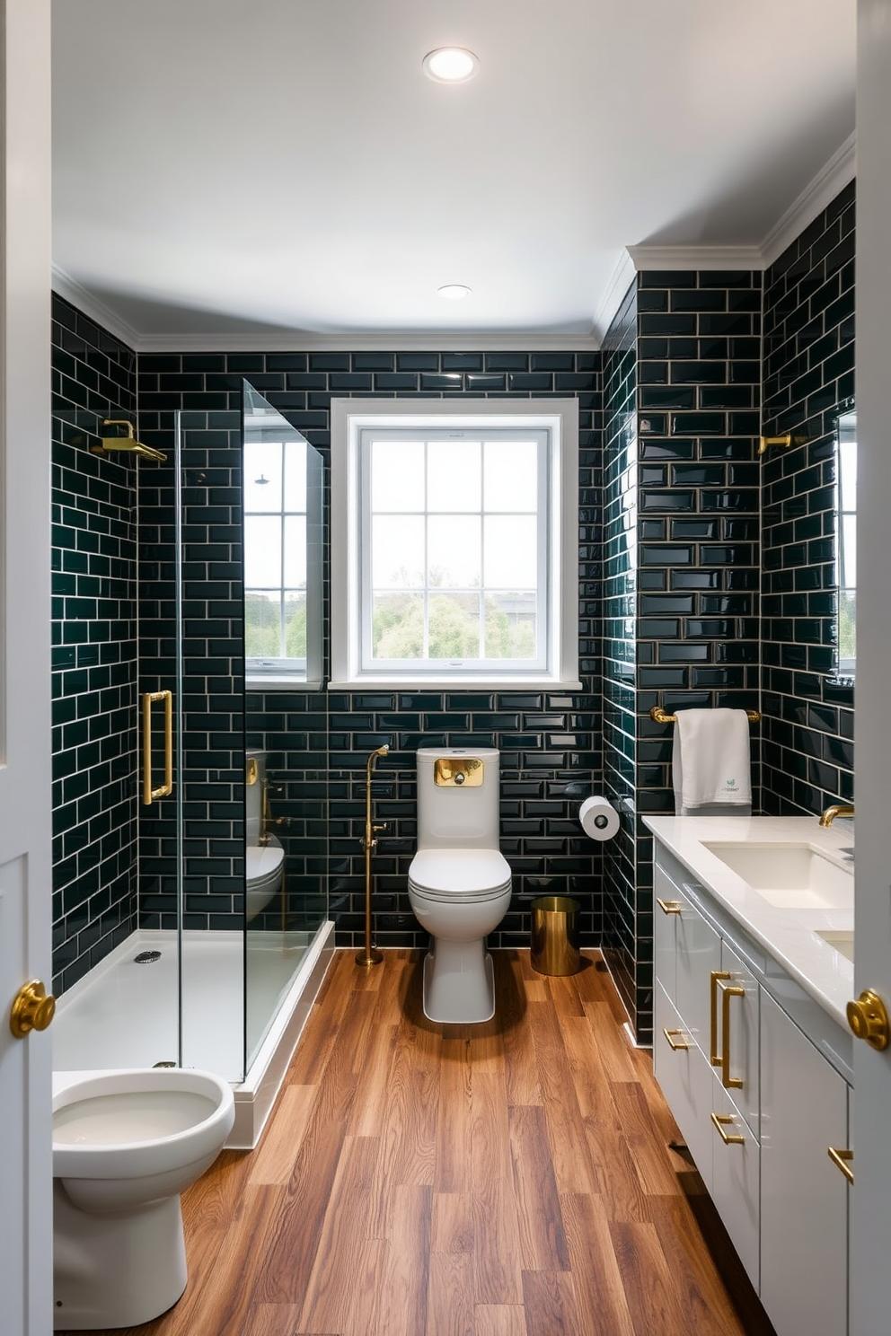 Modern bathroom with dark green tiles and gold accents